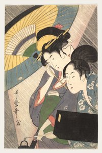 Dwie kobiety pod parasolem, lata 1790 autorstwa Kitagawa Utamaro