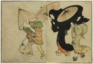 Dwie kobiety i pomocnik złapany w burzę, z ilustrowanej książki „Picture Book: Flowers of the Four Seasons (Ehon shiki no hana)”, tom. 2 autorstwa Kitagawa Utamaro