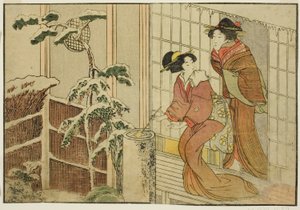 Dwie kobiety na werandzie w śnieżny poranek, z ilustrowanej książki „Obrazówka: Kwiaty czterech pór roku (Ehon shiki no hana),” tom. 2 autorstwa Kitagawa Utamaro