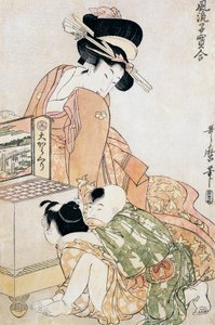 Dwoje dzieci zaglądających do dużego pudełka optycznego autorstwa Kitagawa Utamaro
