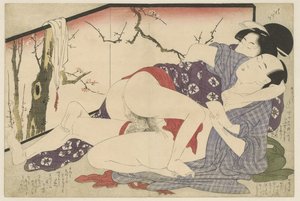 Para kochająca się obok dzielnika pokoju Negai no itoguchi (tytuł serii) autorstwa Kitagawa Utamaro