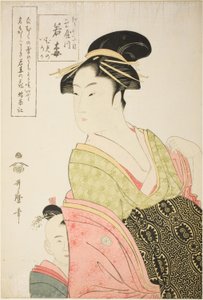 Wakaume z Tamaya w Edo-cho itchome i jej opiekunowie dziecka Mumeno i Iroka (Edo-cho itchome, Tamaya uchi Wakaume Mumeno Iroka) autorstwa Kitagawa Utamaro