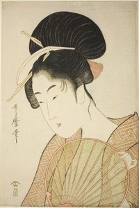 Kobieta trzymająca okrągły wachlarz autorstwa Kitagawa Utamaro