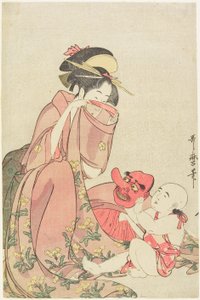 Kobieta bawiąca się z dzieckiem w masce tengu autorstwa Kitagawa Utamaro