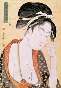 Kobieta pragnąca ust Japoński nadruk autorstwa Utamaro Kitagawy (1753-1806). 18 wiek. Paryż, Muzeum Guimet, Muzeum Sztuki Azjatyckiej autorstwa Kitagawa Utamaro
