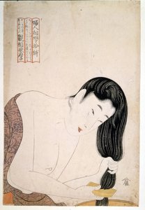 Kobieta maluje się. sd. Grafika autorstwa Utamaro KITAGAWA (1753-1806). autorstwa Kitagawa Utamaro