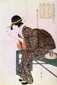 Kobieta czytająca. Wykonane z krepy Echigoya. Summer Ensemble Series: Piękno naszych czasów.” Japońska grafika Utamaro Kitagawa (1753-1806). 1804-1806. Ciemny. 0,37x0,25m. Paryż, Muzeum Guimet, Muzeum Sztuki Azjatyckiej autorstwa Kitagawa Utamaro