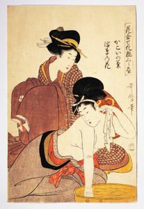 Kobieta myjąca się, ok. 1803, ilustracja Kitagawy Utamaro (1753-1806) z Hana Awase Kesho Kurabe, drzeworyt Aiban-tate-e, cywilizacja japońska, okres Edo autorstwa Kitagawa Utamaro