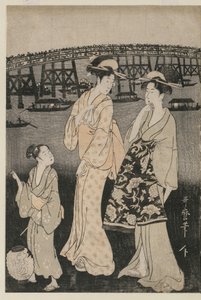 Kobiety cieszące się fajnym wieczorem w pobliżu mostu Ryogoku autorstwa Kitagawa Utamaro