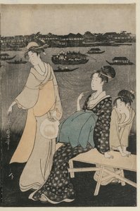 Kobiety cieszące się fajnym wieczorem w pobliżu mostu Ryogoku autorstwa Kitagawa Utamaro