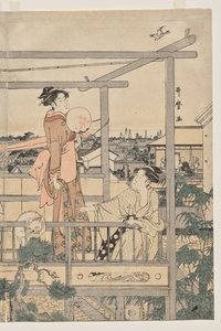 Kobiety wieszające pranie do wyschnięcia na balkonie autorstwa Kitagawa Utamaro