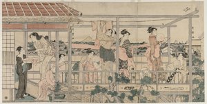 Kobiety wieszające pranie do wyschnięcia na balkonie, początek lat 90. XVIII wieku. autorstwa Kitagawa Utamaro