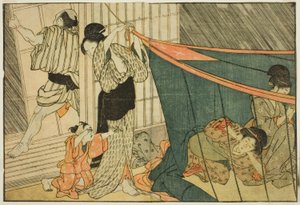 Kobiety w moskitierze podczas burzy, z ilustrowanej książki „Picture Book: Flowers of the Four Seasons (Ehon shiki no hana)”, tom. 1 autorstwa Kitagawa Utamaro