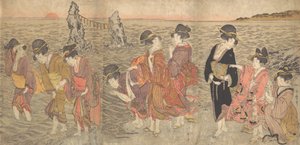 Kobiety czczące wschodzące słońce między bliźniaczymi skałami w Ise, koniec XVIII i początek XIX wieku. autorstwa Kitagawa Utamaro
