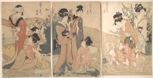 Kobiety i dzieci nad brzegiem strumienia autorstwa Kitagawa Utamaro