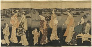 Kobiety oglądające fajerwerki na rzece Sumida autorstwa Kitagawa Utamaro