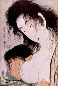 Yamauba i Kintaro: starożytna japońska grafika autorstwa Utamaro Kitagawy (1753-1806). Słońce. 0,37x0,25m. 1801-1803. Paryż, Muzeum Guimet, Narodowe Muzeum Sztuki Azjatyckiej autorstwa Kitagawa Utamaro