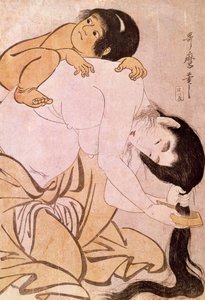 Yamauba i Kintoki Matka czesze włosy, niosąc dziecko na plecach. Japońska grafika Utamaro Kitagawy (1753-1806). 18 wiek. Paryż, Muzeum Guimet, Muzeum Sztuki Azjatyckiej