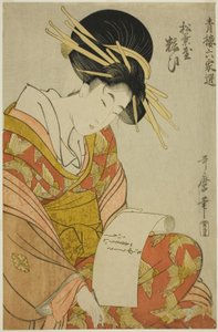 Yosooi of the Matsubaya, z serii Selections from Six Houses in Yoshiwara (Seiro rokkasen) (Matsubaya Yosooi) autorstwa Kitagawa Utamaro