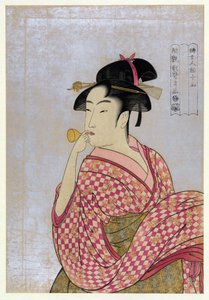 Młoda kobieta dmuchająca szklaną fajkę (poppin), z cyklu Dziesięć typów w badaniu Physiognomic Women par Utamaro, Kitagawa (1753-1806), ok. 1792 - Drzeworyt kolorowy, 38,9x27,5 - Kolekcja prywatna autorstwa Kitagawa Utamaro