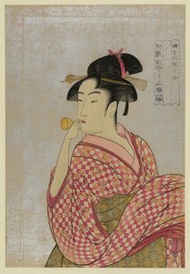 Młoda kobieta dmuchająca poppin ze szklanej fajki, z serii Dziesięć typów w Physiognomic Study of Wo autorstwa Kitagawa Utamaro
