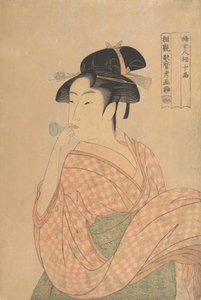 Młoda kobieta dmuchająca w szklany głośnik Popen..., ca. 1792-93. autorstwa Kitagawa Utamaro