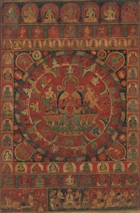 Mandala Boga Słońca Surya Otoczona Ośmioma Planetarnymi Bóstwami, datowana prawdopodobnie na 1379 rok. autorstwa Kitaharasa