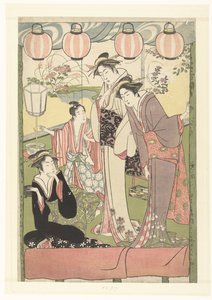 Trzy kobiety i chłopiec pod latarniami autorstwa Kitao Masanobu (attributed to)