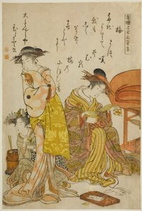 Kurtyzana Hitomoto z Daimonjiya, z albumu „Comparing New Beauties of the Yoshiwara – A Mirror of Their Own Writings (Keisei shin bijin awase jikihitsu kagami)”