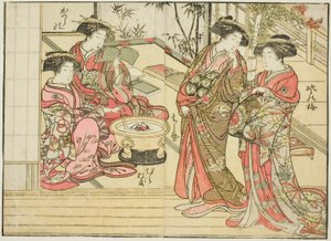 Kurtyzany Otawaraya, z książki „Zwierciadło pięknych kobiet z dzielnic przyjemności (Seiro bijin awase sugata kagami),” tom. 2 autorstwa Kitao Shigemasa