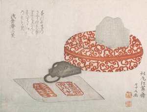Pieczęcie i rzeźbiony pojemnik na lakier na atrament do pieczęci, 1817. autorstwa Kitao Shigemasa
