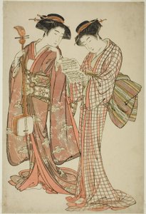 Dwie gejsze trzymające shamisen i śpiewnik autorstwa Kitao Shigemasa