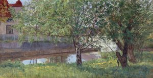 Odcinek kanału z domem i drzewami autorstwa Kitty Lange Kielland