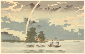 Widok o zmierzchu, Hashiba, Tokio autorstwa Kiyochika Kobayashi