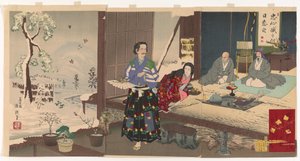 Chushingura, Yuranosuke na emeryturze (drewnodruk, tusz i kolor na papierze) autorstwa Kiyochika Kobayashi