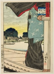 Odległy widok na wzgórze Matsuchi widziany z rzeki Sumida (Sumidagawa yori Matsuchiyama enkei) z serii "Sto widoków prowincji Musashi (Musashi hyakkei no uchi)". autorstwa Kiyochika Kobayashi