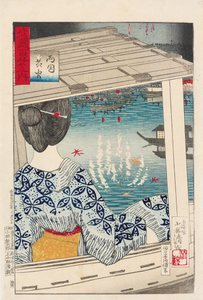 Fajerwerki na moście Ryogoku autorstwa Kiyochika Kobayashi