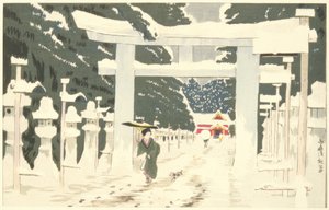 Ciężki śnieg w świątyni Toshogu w Ueno autorstwa Kiyochika Kobayashi