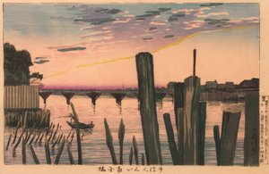 Pale falochronu i most Ryogoku autorstwa Kiyochika Kobayashi