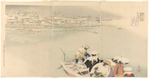 Drugi miesiąc: Wzgórze Matsuchi w śniegu o zmierzchu (Kisaragi, Matsuchiyama yuki no tasogare), z serii Prawdziwe widoki znanych miejsc w Tokio (Tokyo meisho shinkei no uchi). autorstwa Kiyochika Kobayashi