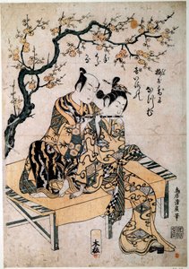 Sztuka japońska: muzyk daje młodej kobiecie lektor na flecie. Rycina Kiyohiro Torii (1737-1766) XVIII-wieczny Paryż, B.N. autorstwa Kiyohiro Torii