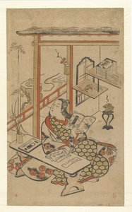 Kobieta przy stole, czytająca Narrację Genjiego. autorstwa Kiyomasu (I) , Torii (attributed to)