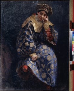 Córka bojara (dzika, bojara) (córka bojara). Portret młodej tradycyjnej rosyjskiej szlachcianki, w czasach kłopotów w latach 1598-1613. Obraz Klavdi Vasilyevich Lebedev (1852-1916), olej na płótnie