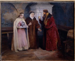 Wybór Panny Młodej. W czasach Domostroi (XVI w.) mężczyzna składa oświadczyny matce młodej dziewczyny, która nosi karafkę na srebrnej tacy. Obraz Klavdi Vasilyevich Lebedev (1852-1916), olej na