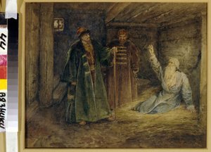 Le car Iwan IV le terrible (1530-1584) et Maliouta Skouratov (mort en 1573) visitant le Boyard (bojar, bojar) Morozow (?) w więzieniu. (Car Iwan IV Groźny i Maluta Skuratow odwiedzający Bojara Morosowa). Peinture de Klavdi Wasiljewicz Lebiediew (1852-191)