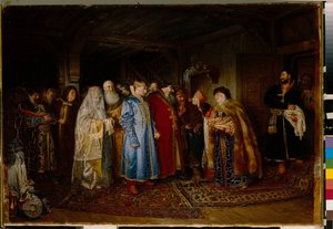 Ślub bojarski (bojar, bojar) w XVI wieku, panna młoda ma na sobie kokochnik (Wesele bojara) - Olej na płótnie Klavdi Vasilyevich Lebedev (1852-1916)