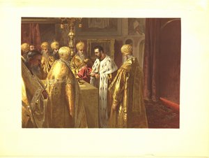 Ceremonia koronacyjna Mikołaja II. Eucharystia, 1899 autorstwa Klavdiy Vasilievich Lebedev