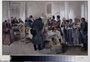 Sprzedaż aukcyjna niewolników. Wśród różnych przedmiotów (dywan, klatka dla ptaków, obrazy, książki i bibeloty) wystawiona jest na sprzedaż chłopska rodzina. Szlachta i właściciele ziemscy spacerują i obserwują, otoczeni