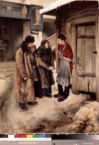 Wizyta rodziców u syna. (Rodzice odwiedzają syna). Spotkanie rodzinne na polnej ulicy, przed szyldem szewca. Syn ma na sobie fartuch rzemieślnika. Obraz Klavdi Vasilyevich Lebedev (1852-1916), olej na płótnie autorstwa Klavdiy Vasilievich Lebedev