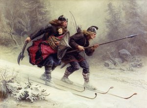 Żołnierze króla Norwegii Sverre, Torstein Skevla i Skjervald Skrukka niosący syna króla Hakona Hakonssona